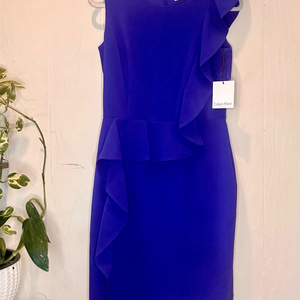 Calvin Klein Blue One Ruffle Sheath Dress